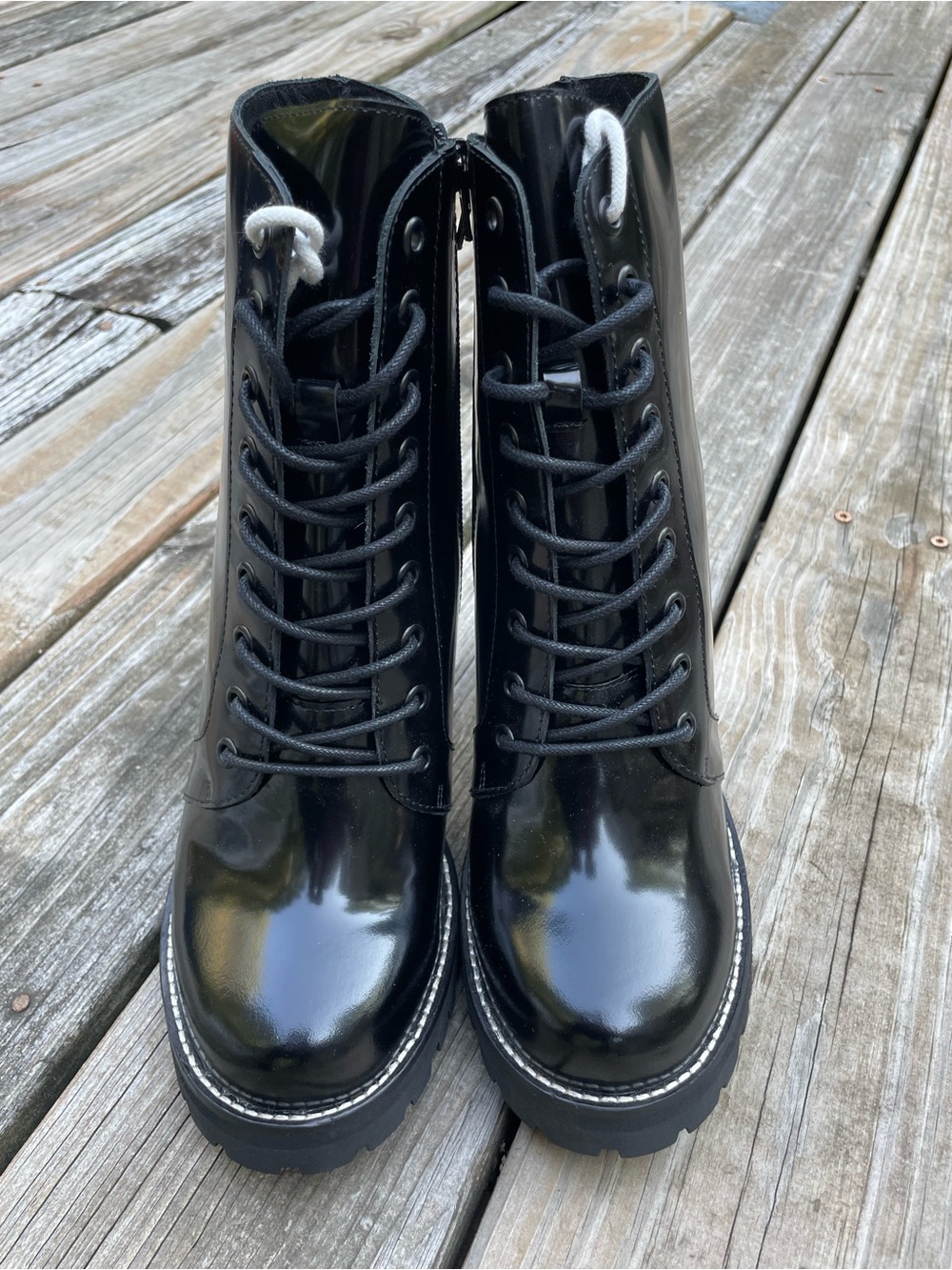 Jeffrey Campbell Black Patent Lace-Up Moto Boots